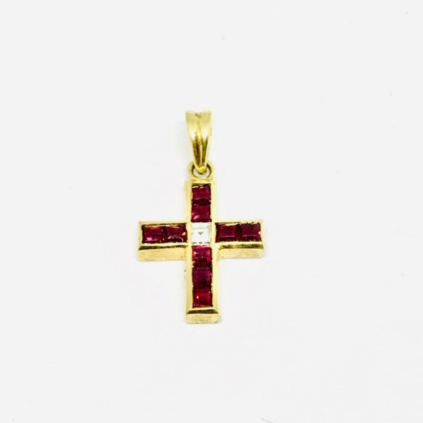Ciondolo a forma di croce in oro giallo con rubini gioielli torino
