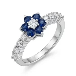 Anello fiore Zaffiri e Diamanti in Oro Bianco 9kt